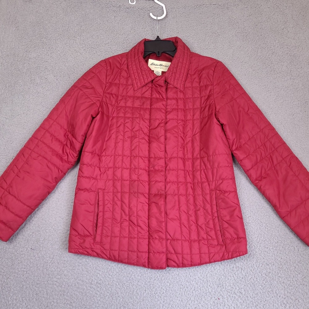 Eddie Bauer Puffer Jacket Womens Small Red Light Weight Full Zip Coat Quilted